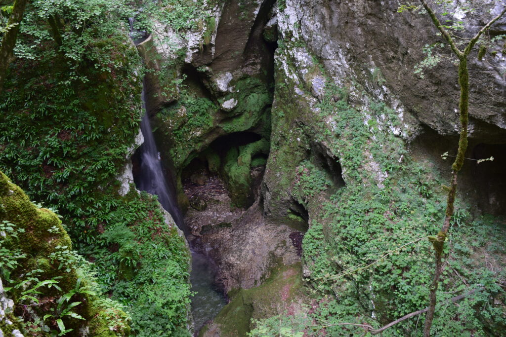 Da sinistra a destra: una parete rocciosa, piena di vegetazione fa intravedere una piccola cascata. Affianco, un piccolo cunicolo porta all'ingresso di una piccola grotta nel banco roccioso.