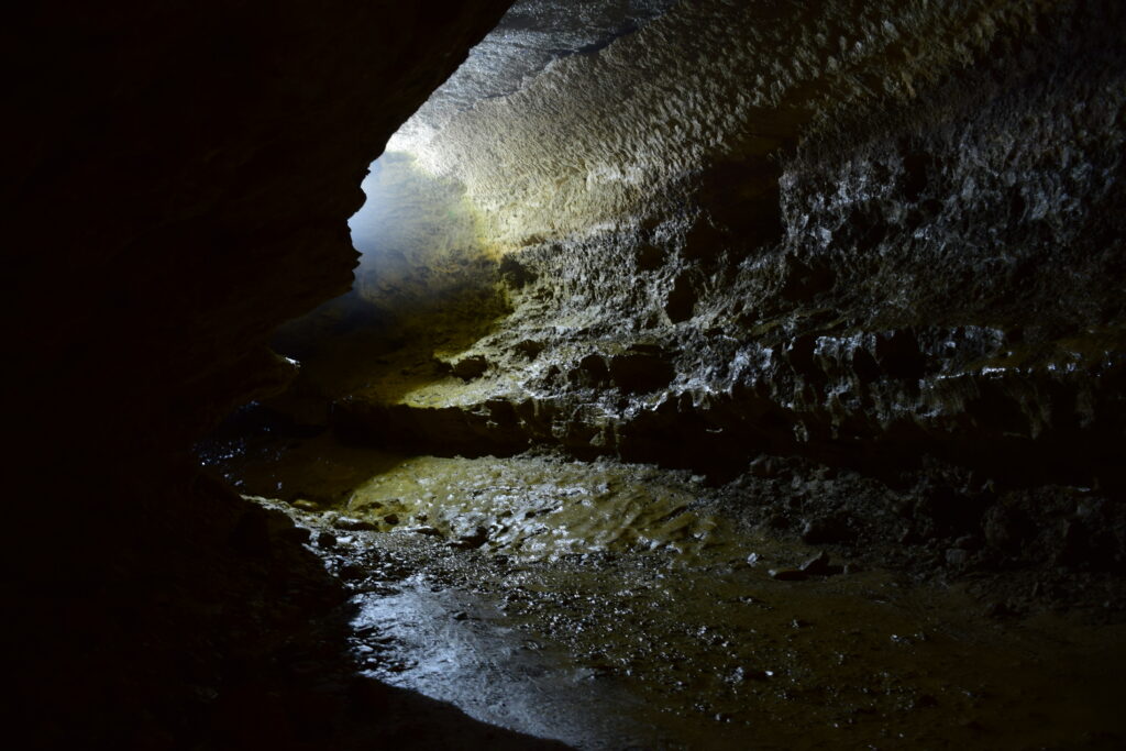 un tunnel roccioso scavato dall'acqua, visibile in basso. Ambiente scuro e umido, con una lampada che illumina parzialmente la zona